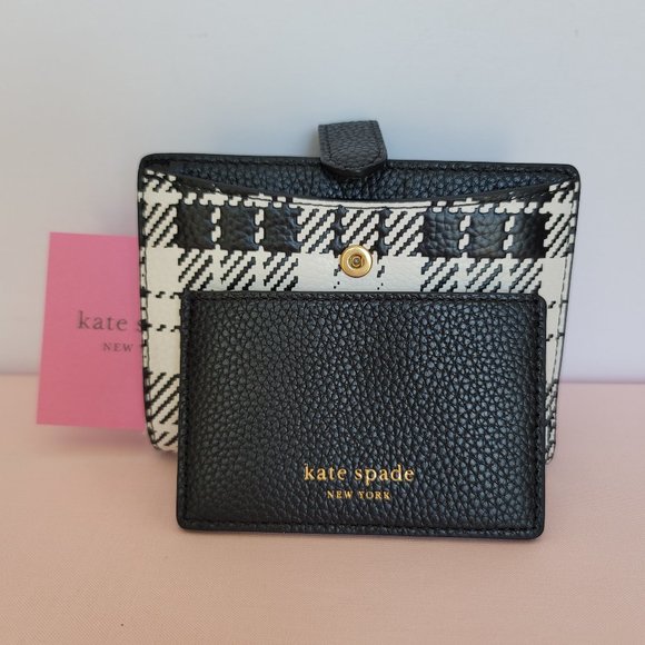 KATE SPADE Hudson SMALL Posh Plaid Embossed Pebbled Leather Bifold Wallet-Black⭐ - Picture 4 of 15